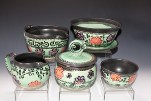 Functional Art. Studio Pottery Cream and Sugar Set. Original Art Surface Design. High Fired In An Electric Kiln.
