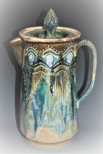 Load image into Gallery viewer, Studio Pottery. Pottery Pitcher. Ceramic Coffee Pot. Wheel Thrown and Altered Pottery With Original Designs. Beautiful Layered Glazes in Blue and Brown High Fired In An Electric Kiln. Functional Art.