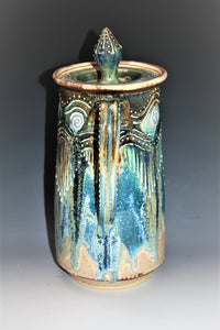 Studio Pottery. Pottery Pitcher. Ceramic Coffee Pot. Wheel Thrown and Altered Pottery With Original Designs. Beautiful Layered Glazes in Blue and Brown High Fired In An Electric Kiln. Functional Art.