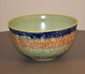 Studio Pottery. Functional Art. Wheel Thrown Sgraffito Bowl. Carved And Slip Trailed. High Fired In An Electric Kiln.