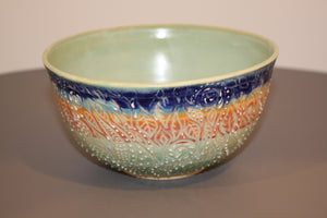 Studio Pottery. Functional Art. Wheel Thrown Sgraffito Bowl. Carved And Slip Trailed. High Fired In An Electric Kiln.
