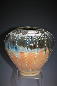 Studio Pottery. Pottery Vase With Original Design Slip Trailed On The Surface. This Beautiful Vase Has Layered Glazes And High Fired In An Electric Kiln.